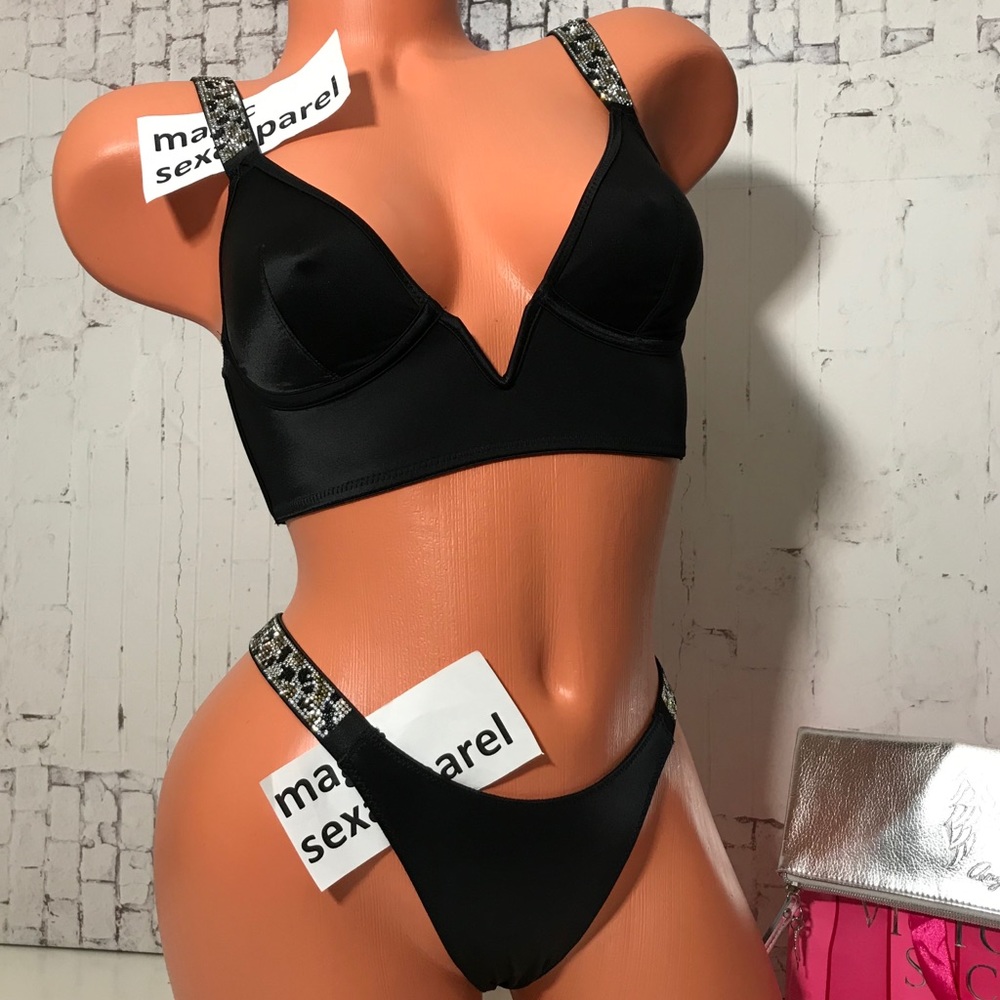VS SHINE STRAP XS S BRALETTE S PANTY SET CRYSTAL RHINESTONES BLING SMOOTH BLACK